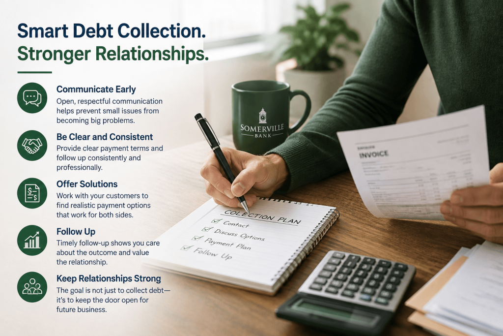Smart debt collection strategies for businesses, including clear communication, payment solutions, follow-up, and maintaining customer relationships